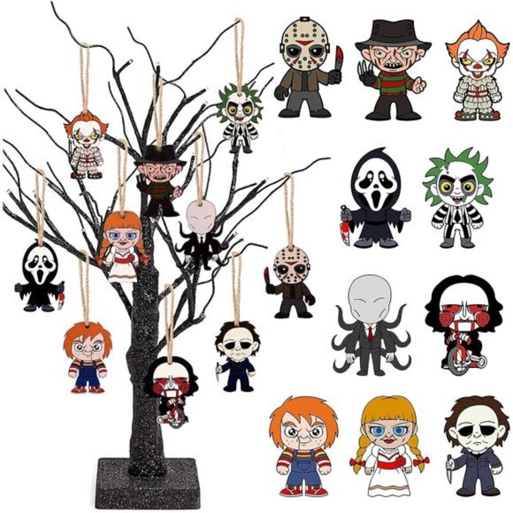 Halloween Decorations for Tree - Pack of 10 Wooden Hanging Horror Ornaments